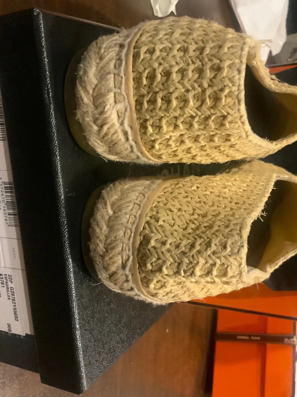 CHANEL Beige and Black Raffia Espadrille Flats with Leather Cap Toe